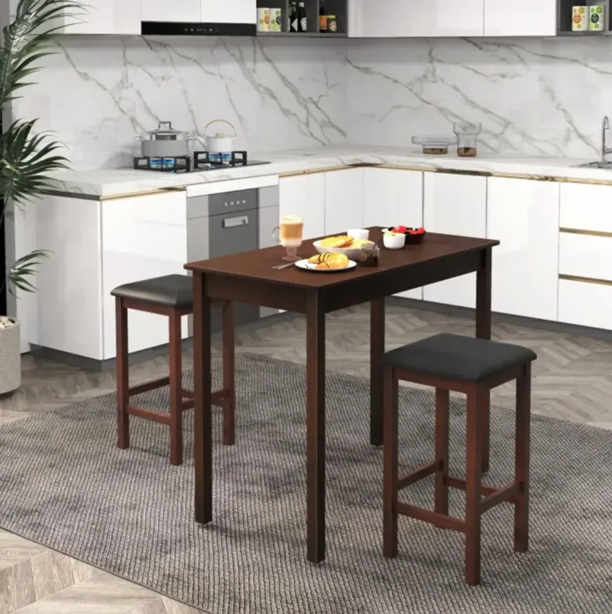 Hivvago Counter-Height Dining Table and 2 Linen Fabric Padded Bar Stools