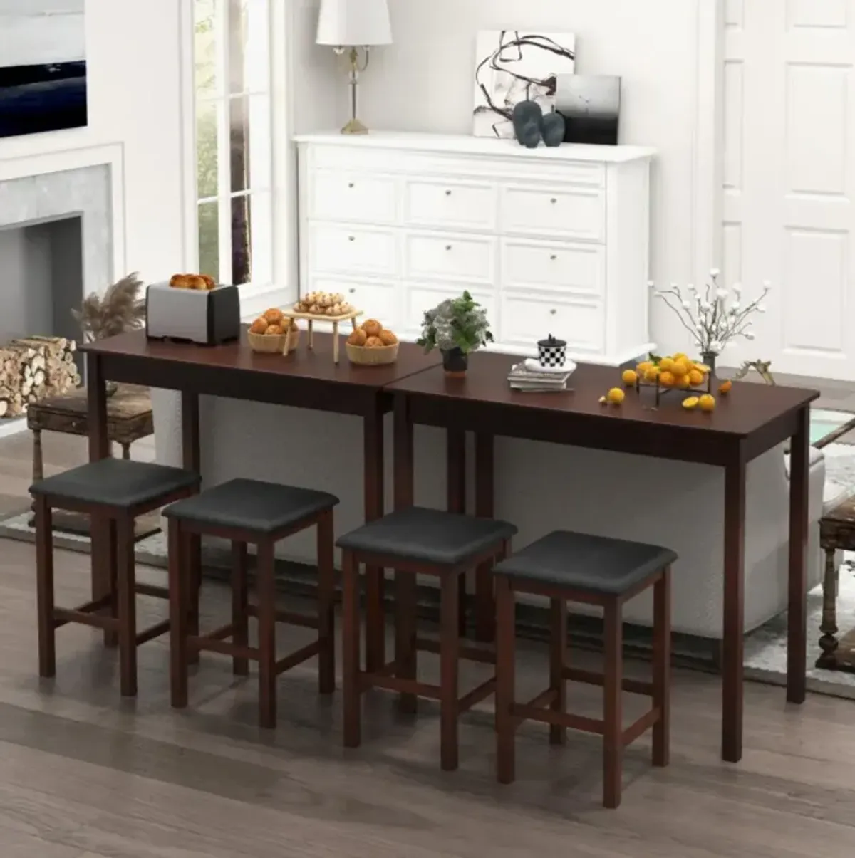 Hivvago Counter-Height Dining Table and 2 Linen Fabric Padded Bar Stools