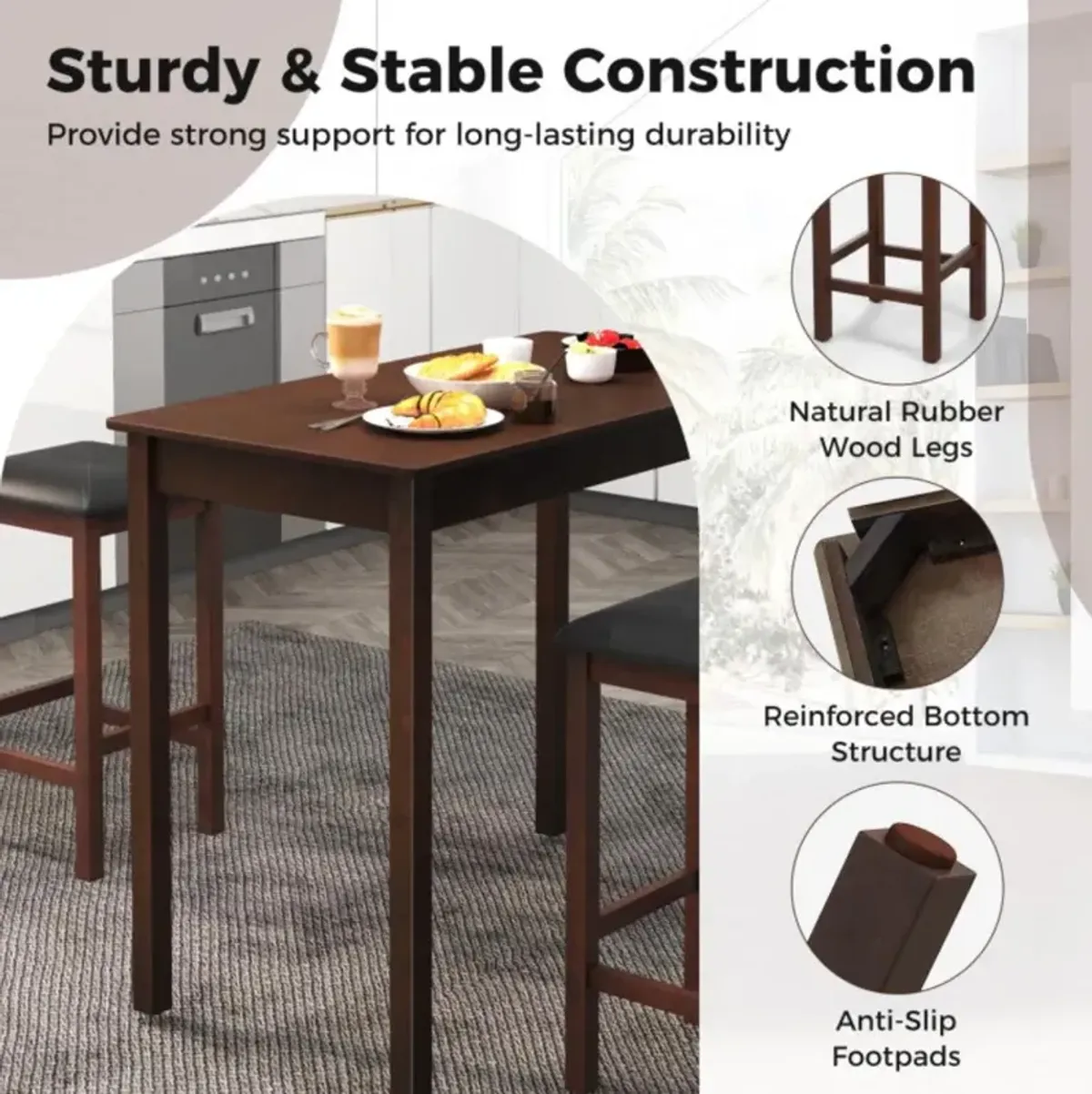 Hivvago Counter-Height Dining Table and 2 Linen Fabric Padded Bar Stools