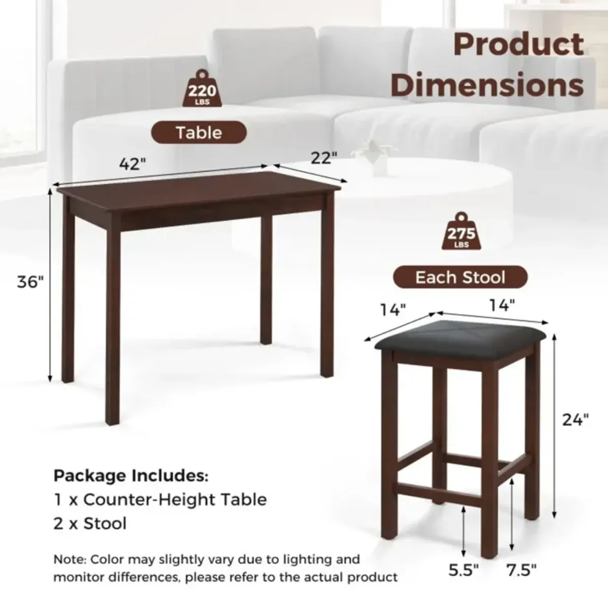 Hivvago Counter-Height Dining Table and 2 Linen Fabric Padded Bar Stools