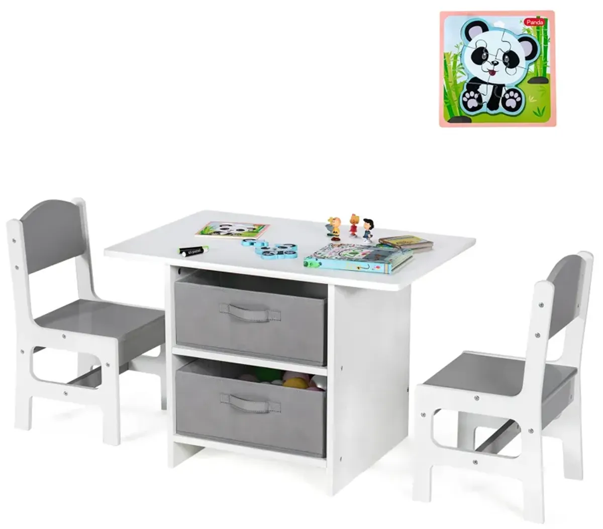 Wooden Kids Table and Chairs with Storage Baskets Puzzle