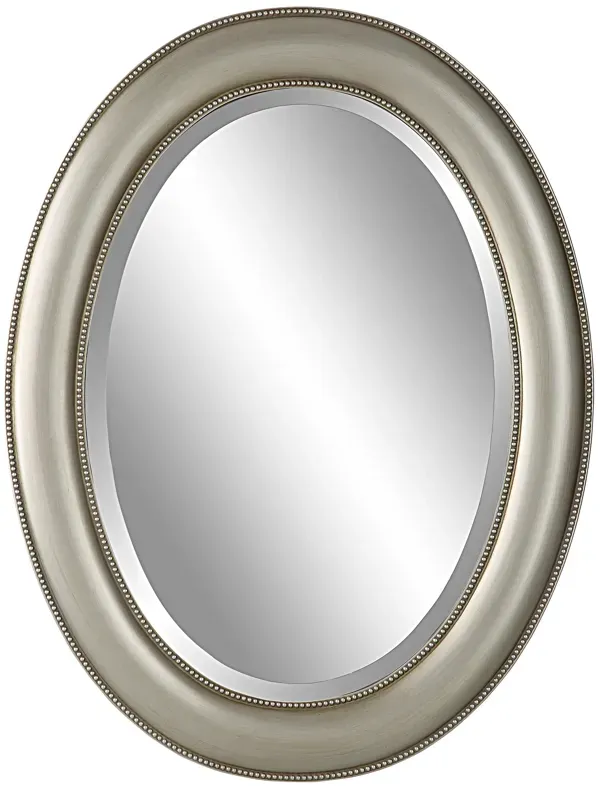 29 Inch Wood Wall Mirror, Beaded Oval Shape, Metallic Silver-Benzara