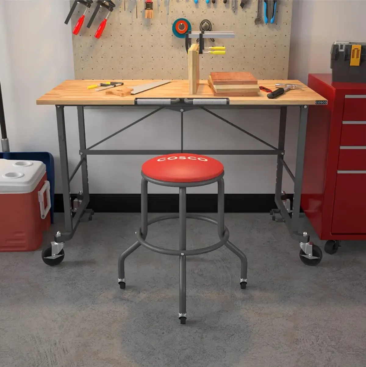 COSCO 24" Rolling Steel Work Stool with Vinyl Seat