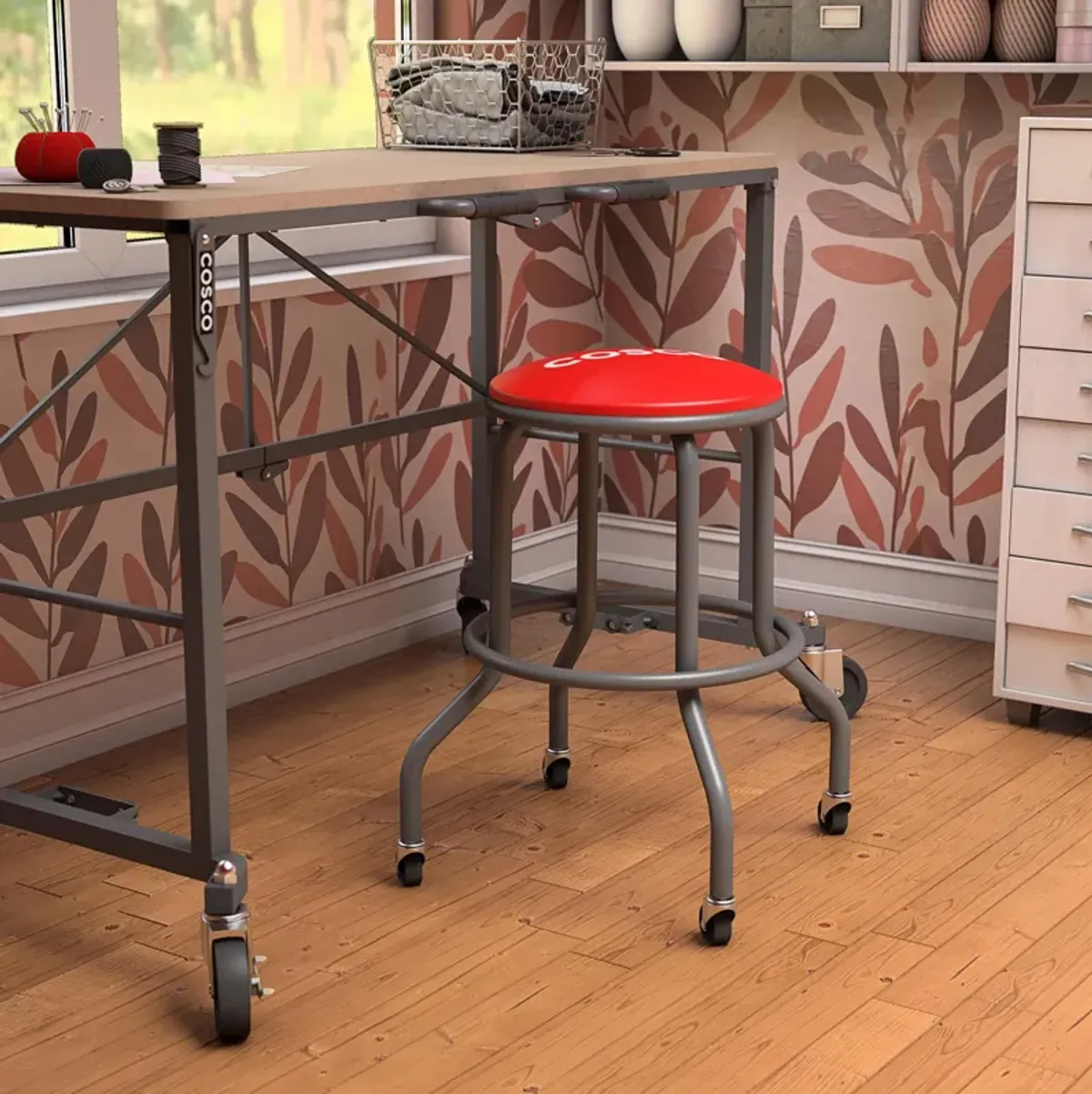 COSCO 24" Rolling Steel Work Stool with Vinyl Seat