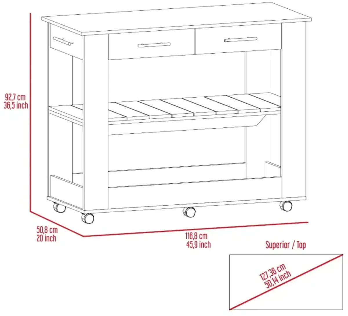 Kitchen Island 46 Inches Dozza, Kitchen, White / Light Oak