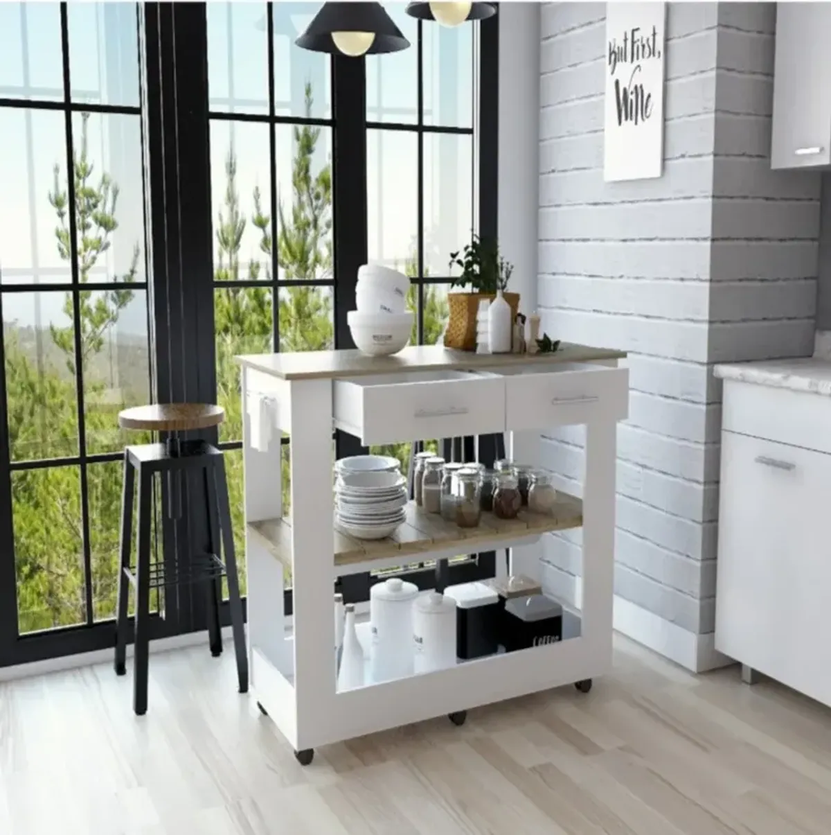 Kitchen Island 46 Inches Dozza, Kitchen, White / Light Oak