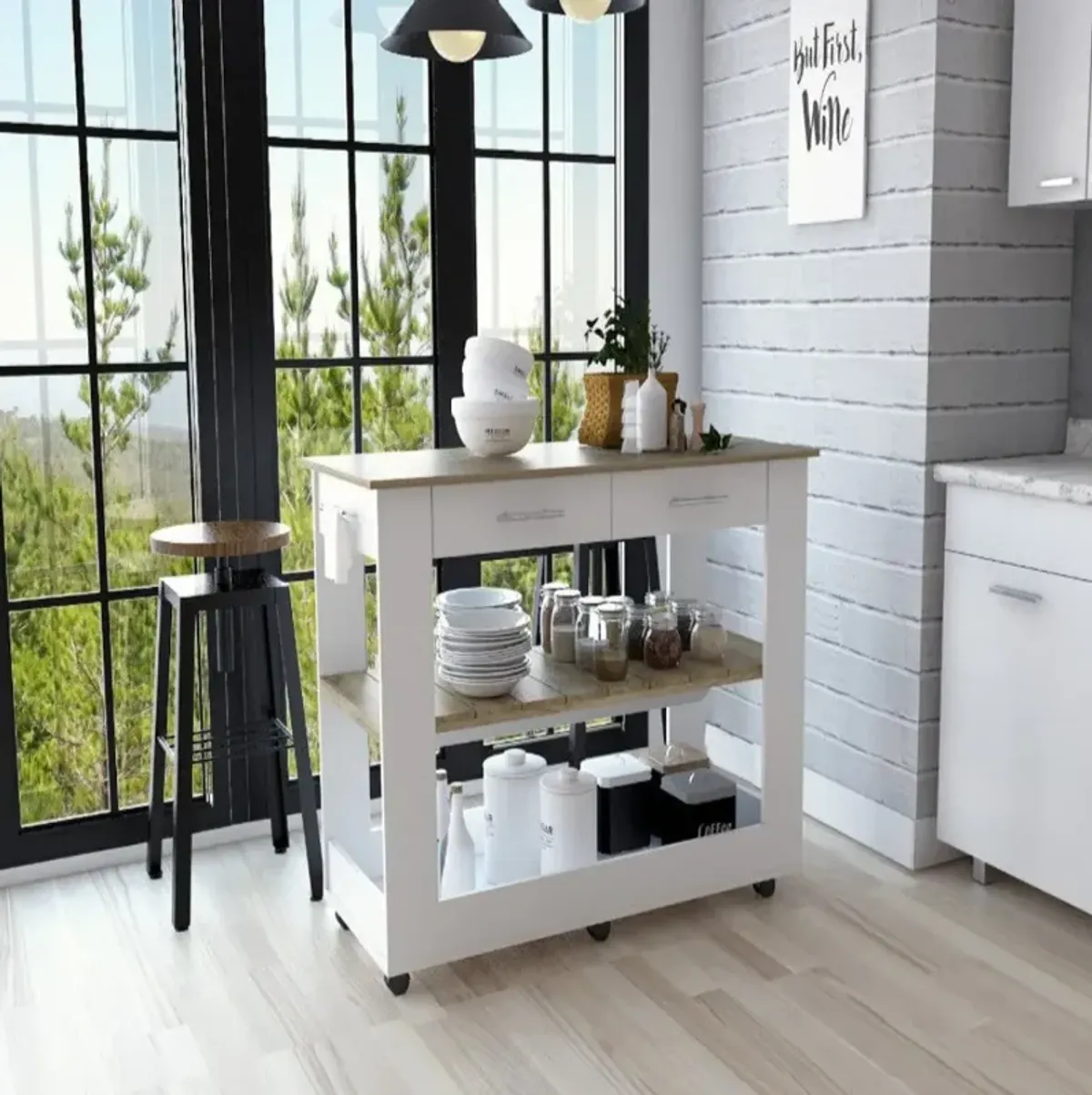 Kitchen Island 46 Inches Dozza, Kitchen, White / Light Oak