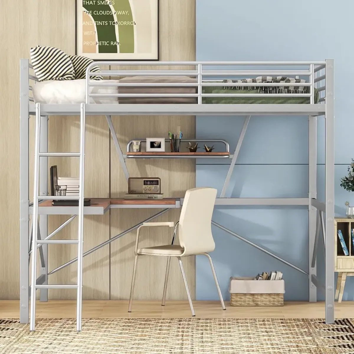 Merax Metal Frame Loft Bed with Desk and Shelf