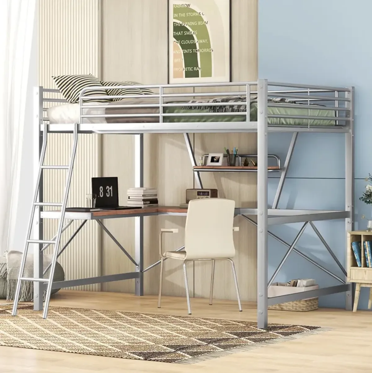 Merax Metal Frame Loft Bed with Desk and Shelf