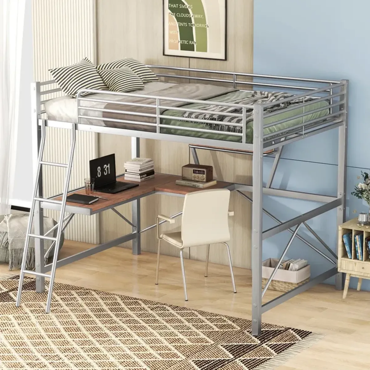 Merax Metal Frame Loft Bed with Desk and Shelf