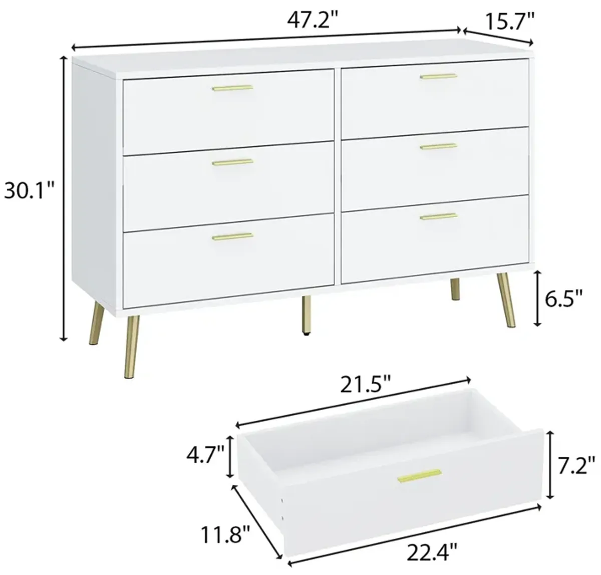 54” 6 Drawer Dresser, Modern 6-Drawer Chest with Gold Metal Handles, Bedroom Dresser with Gold Metal Legs, for Living Room Entryway (54”W x 15.7”D x 30.1”H)