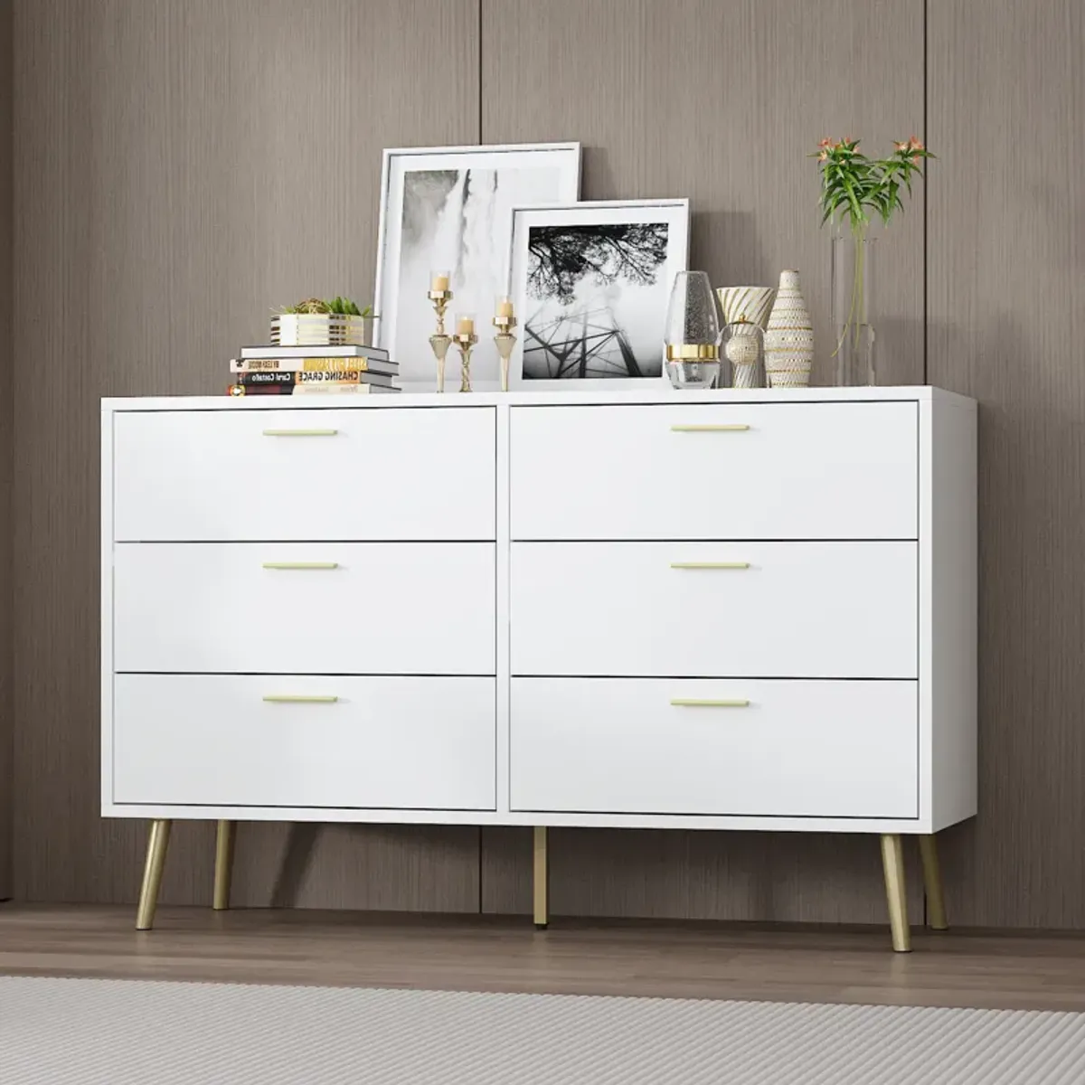 54” 6 Drawer Dresser, Modern 6-Drawer Chest with Gold Metal Handles, Bedroom Dresser with Gold Metal Legs, for Living Room Entryway (54”W x 15.7”D x 30.1”H)