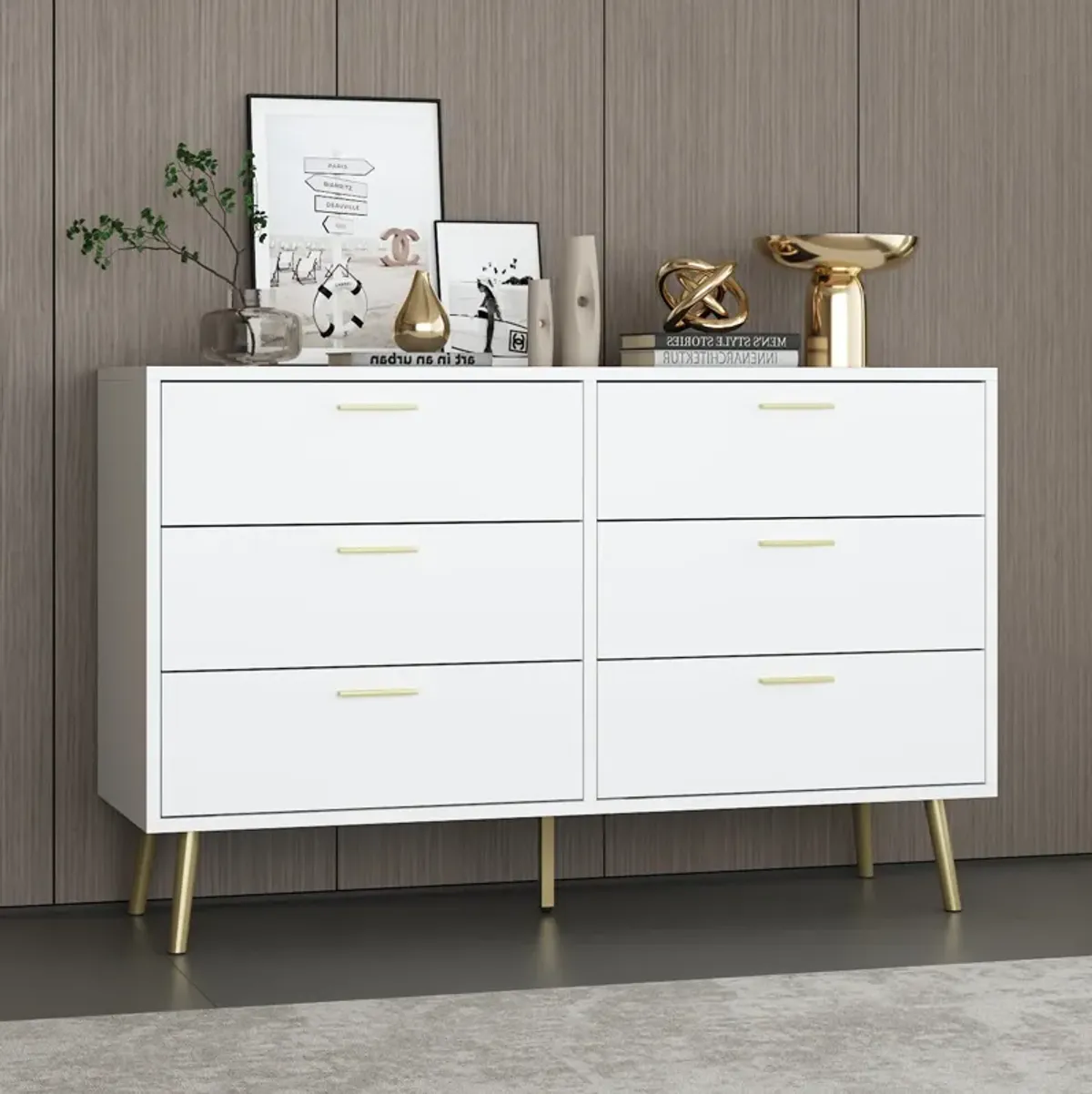 54” 6 Drawer Dresser, Modern 6-Drawer Chest with Gold Metal Handles, Bedroom Dresser with Gold Metal Legs, for Living Room Entryway (54”W x 15.7”D x 30.1”H)