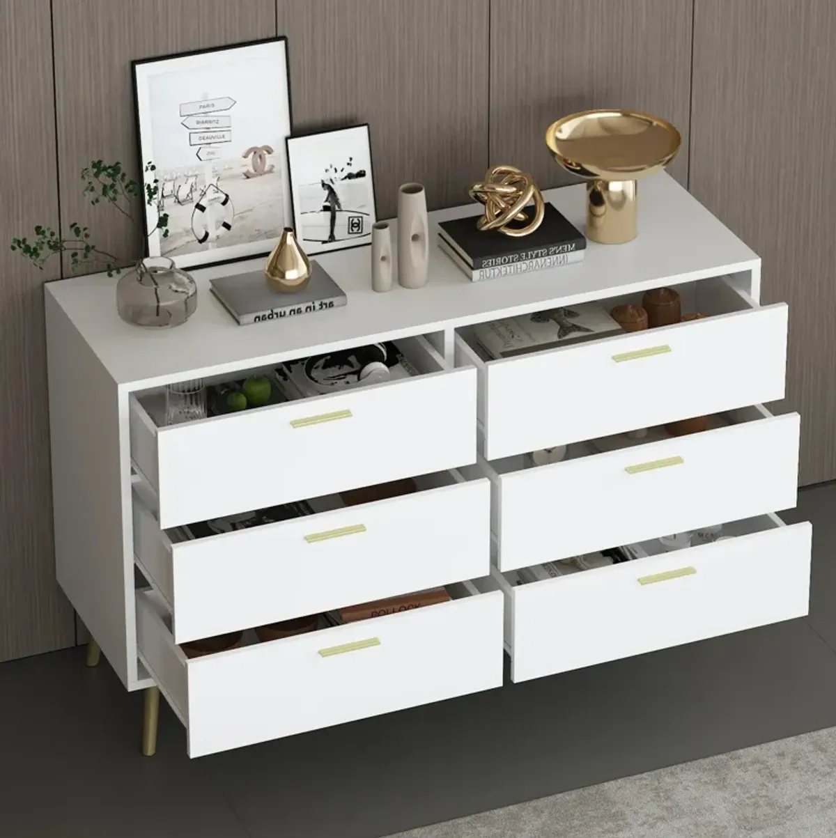 54” 6 Drawer Dresser, Modern 6-Drawer Chest with Gold Metal Handles, Bedroom Dresser with Gold Metal Legs, for Living Room Entryway (54”W x 15.7”D x 30.1”H)