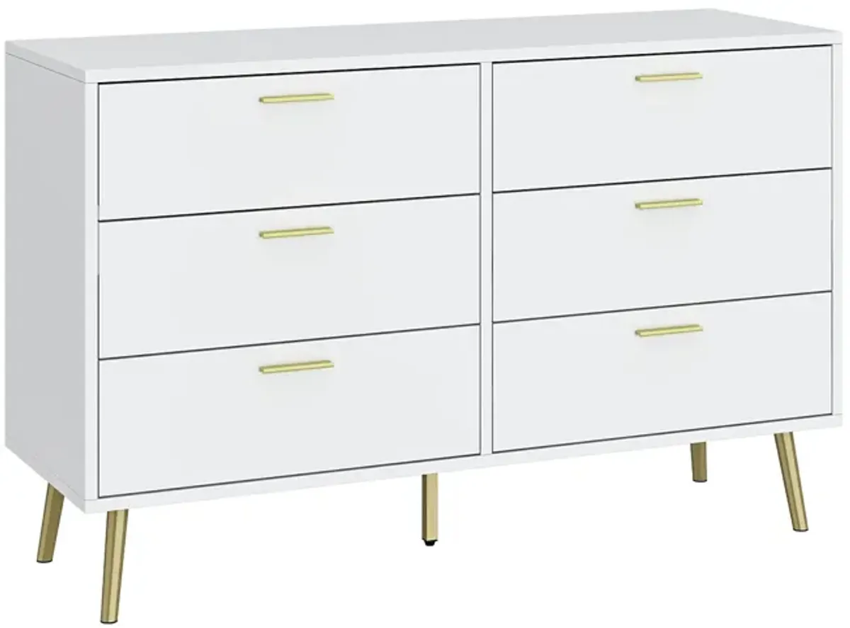 54” 6 Drawer Dresser, Modern 6-Drawer Chest with Gold Metal Handles, Bedroom Dresser with Gold Metal Legs, for Living Room Entryway (54”W x 15.7”D x 30.1”H)