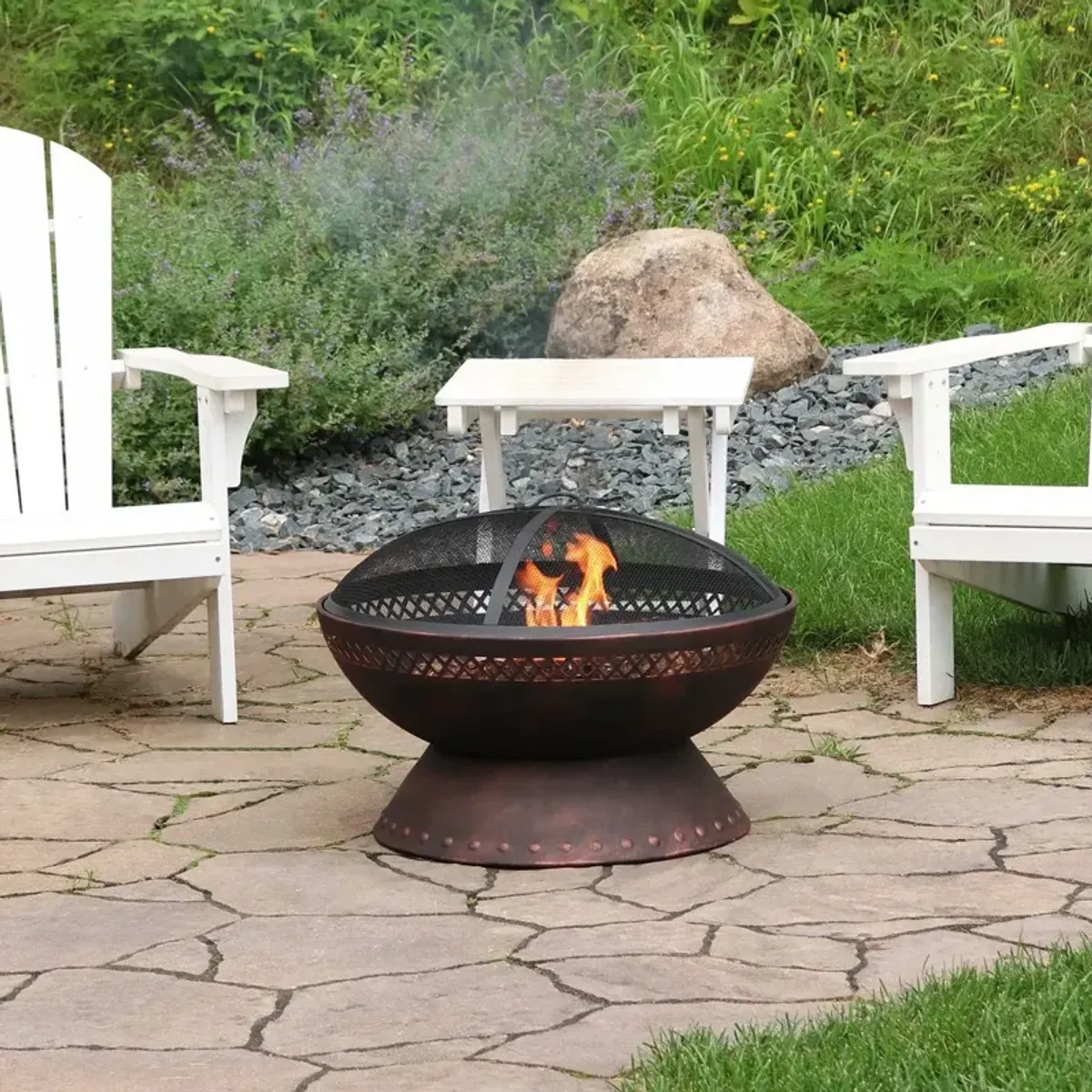 Hivvago 25 Inch Copper Chalice Steel Fire Pit with Spark Screen