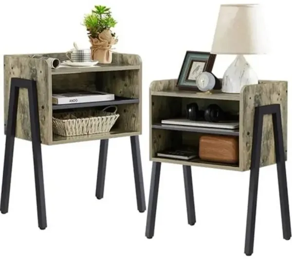 Set of 2 Industrial Style Wood and Metal Side Tables – Nightstands for Bedroom