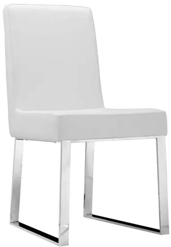 Ien 25 Inch Dining Chair Set of 2, Armless, White Faux Leather, Chrome - Benzara