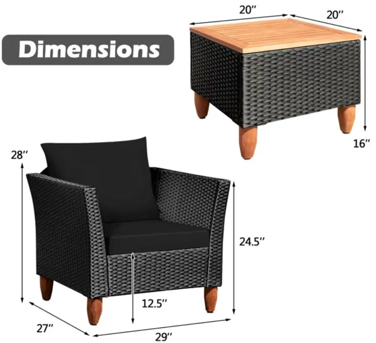 Hivvago 3 Pieces Patio Wicker Furniture Set with Cushions and Acacia Wood Coffee Table Outdoor