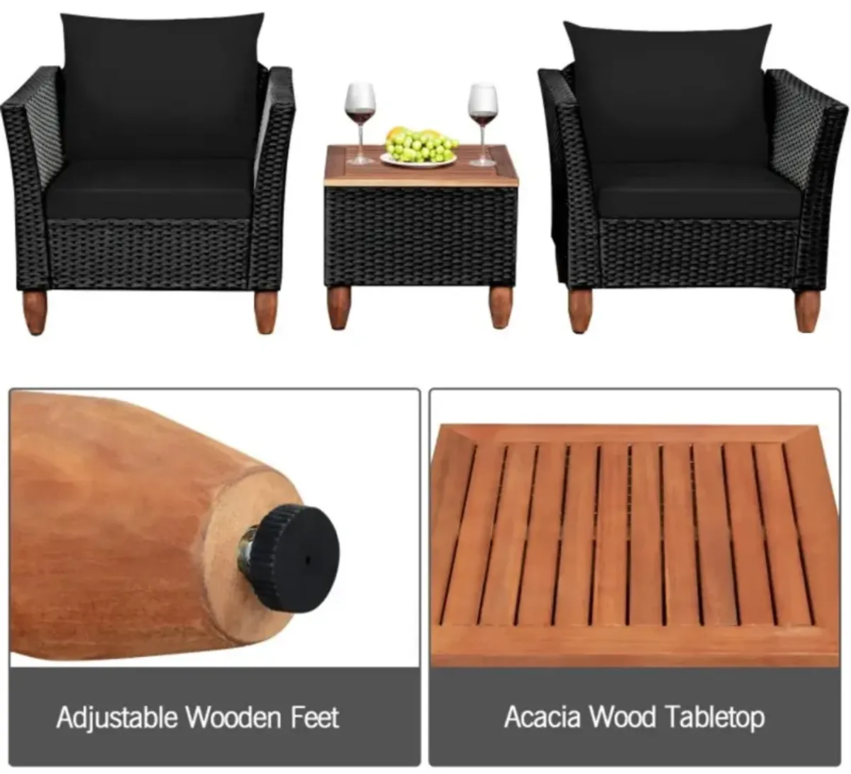 Hivvago 3 Pieces Patio Wicker Furniture Set with Cushions and Acacia Wood Coffee Table Outdoor