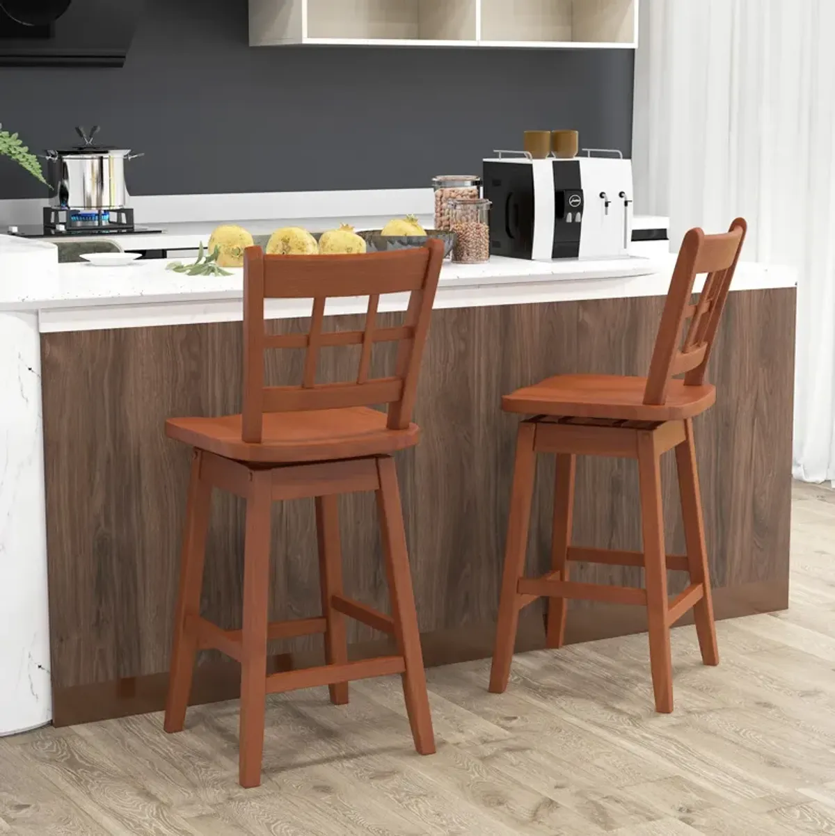 Set of 2 Counter Height Barstools with 6-Grid Hollow Back and Seat Stylish and Comfortable Design