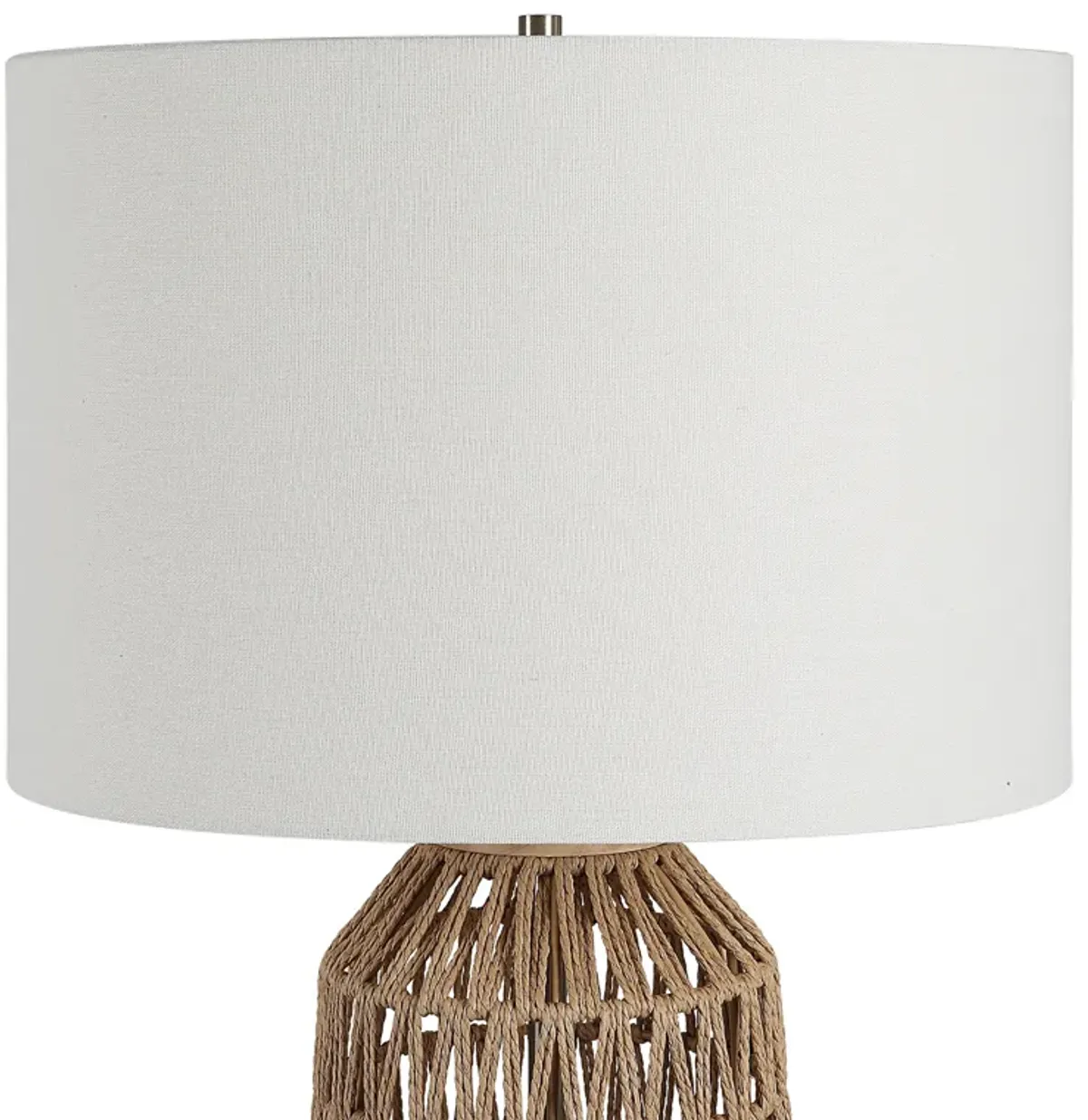 24 Inch Table Lamp, Brown Woven Rope, Linen Shade, Wood Base, Off White - Benzara