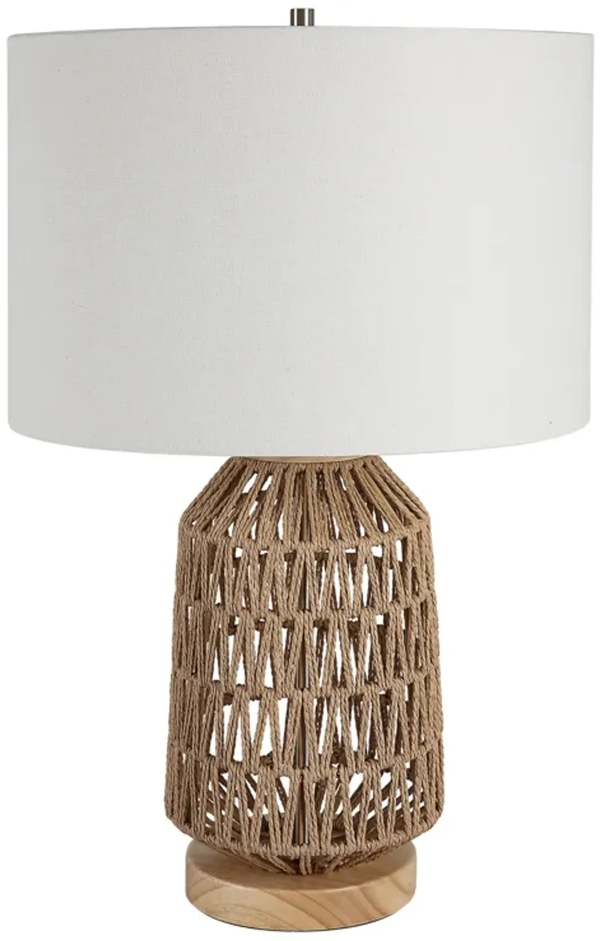 24 Inch Table Lamp, Brown Woven Rope, Linen Shade, Wood Base, Off White - Benzara