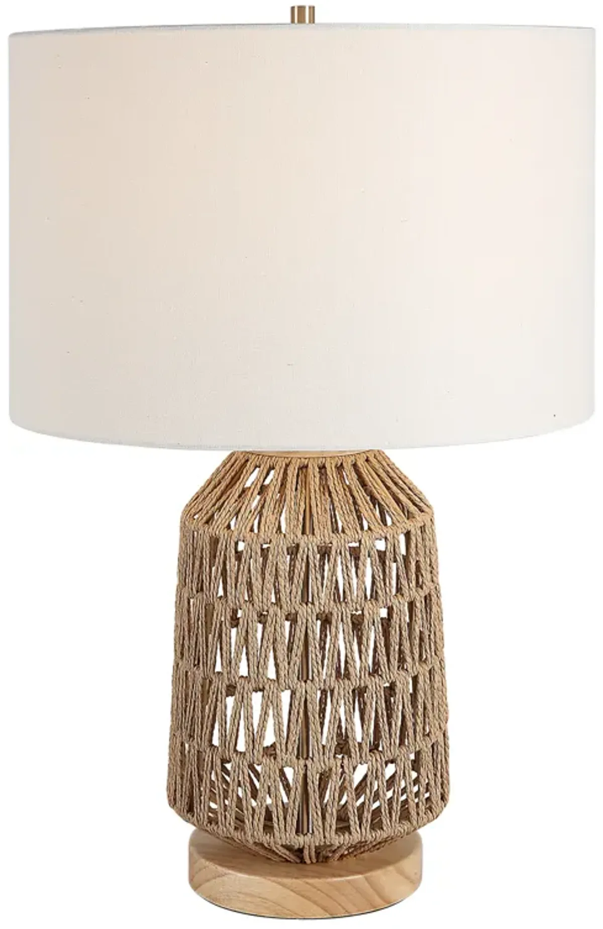 24 Inch Table Lamp, Brown Woven Rope, Linen Shade, Wood Base, Off White - Benzara