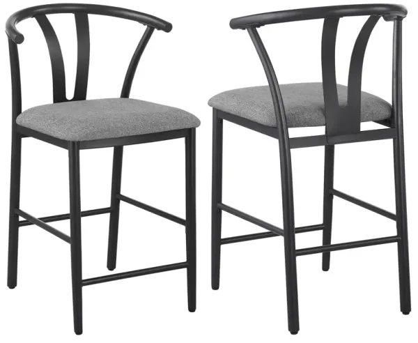 Dola Counter Height Chair Set of 2, Gray Fabric, Black Metal 25 Inch - Benzara