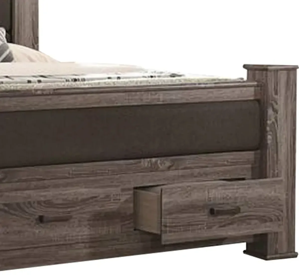 Fort Wood California King Bed with 2 Drawers, Upholstered Panel, Oak Gray - Benzara