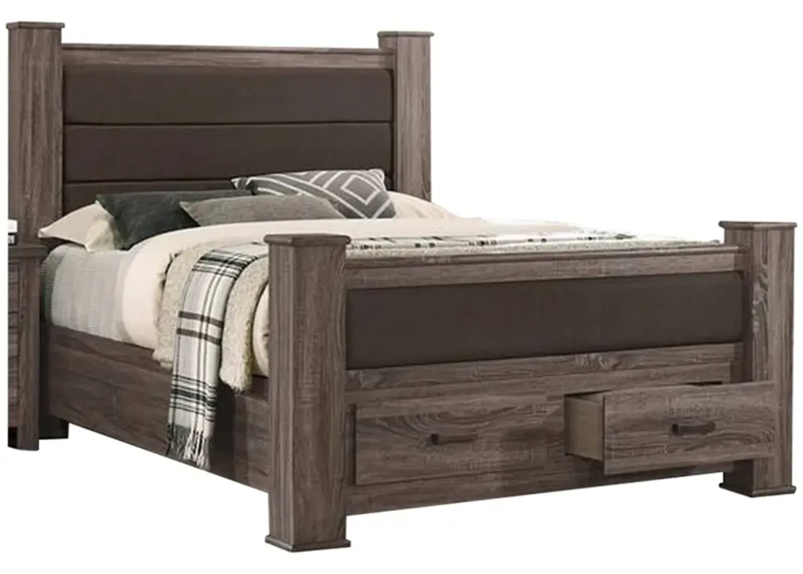 Fort Wood California King Bed with 2 Drawers, Upholstered Panel, Oak Gray - Benzara