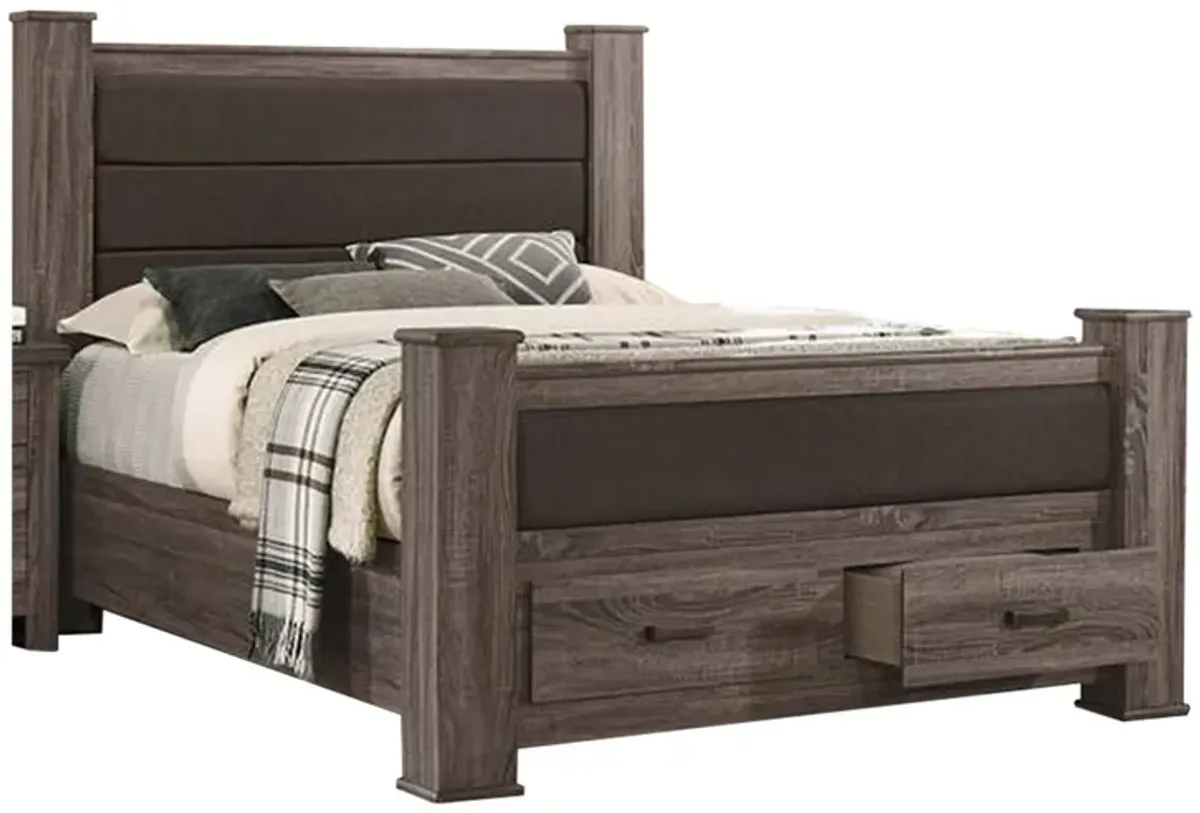 Fort Wood California King Bed with 2 Drawers, Upholstered Panel, Oak Gray - Benzara