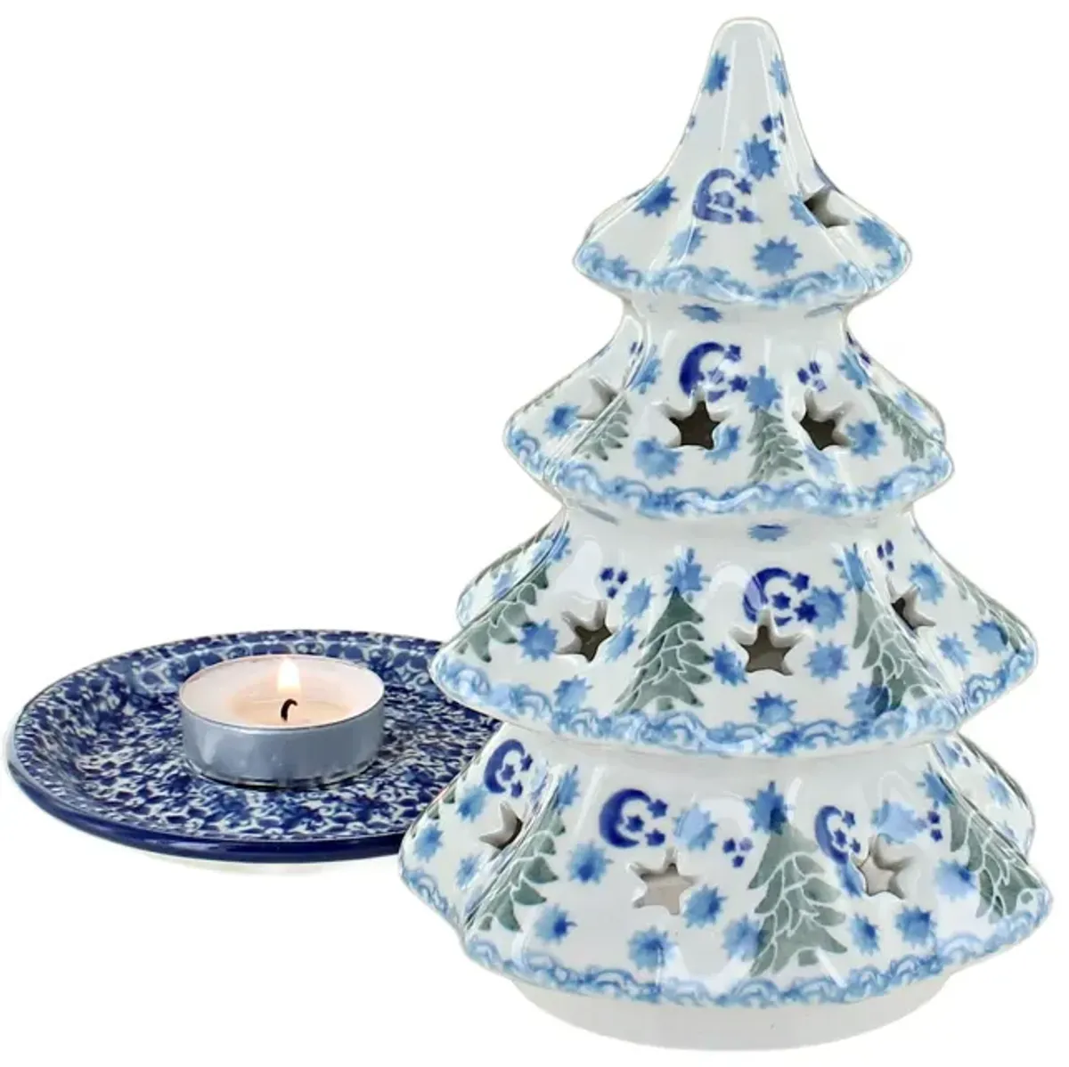 Blue Rose Polish Pottery Holiday Flower Medium Christmas Tree Luminary