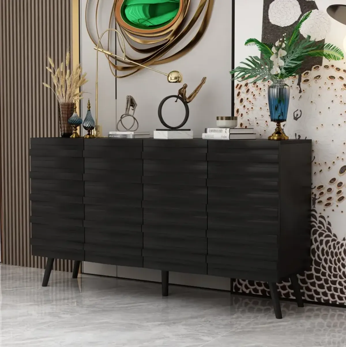 FUFU&GAGA Modern Wooden Sideboard Buffet Cabinet with Storage Shelves and Doors (55.1" W x 15.7" D x 31.4" H), Black