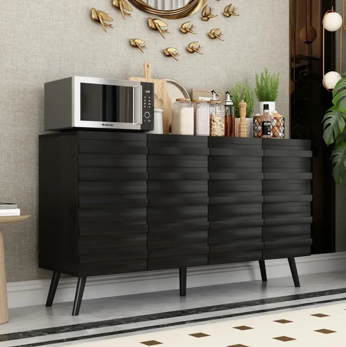 FUFU&GAGA Modern Wooden Sideboard Buffet Cabinet with Storage Shelves and Doors (55.1" W x 15.7" D x 31.4" H), Black