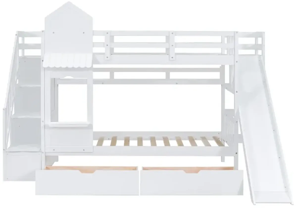 Twin Over Twin Castle Style Bunk Bed With 2 Drawers 3 Shelves And Slide White