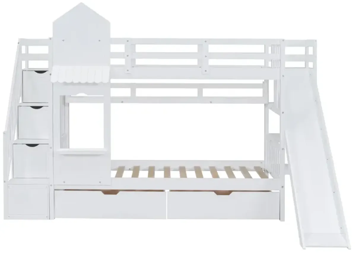 Twin Over Twin Castle Style Bunk Bed With 2 Drawers 3 Shelves And Slide White