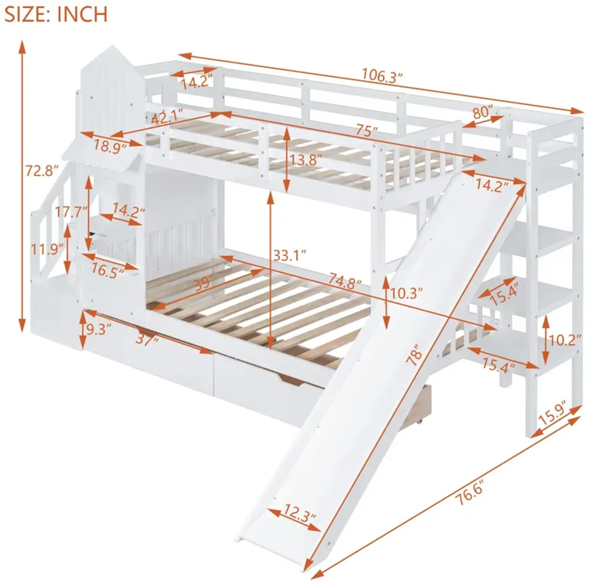 Twin Over Twin Castle Style Bunk Bed With 2 Drawers 3 Shelves And Slide White