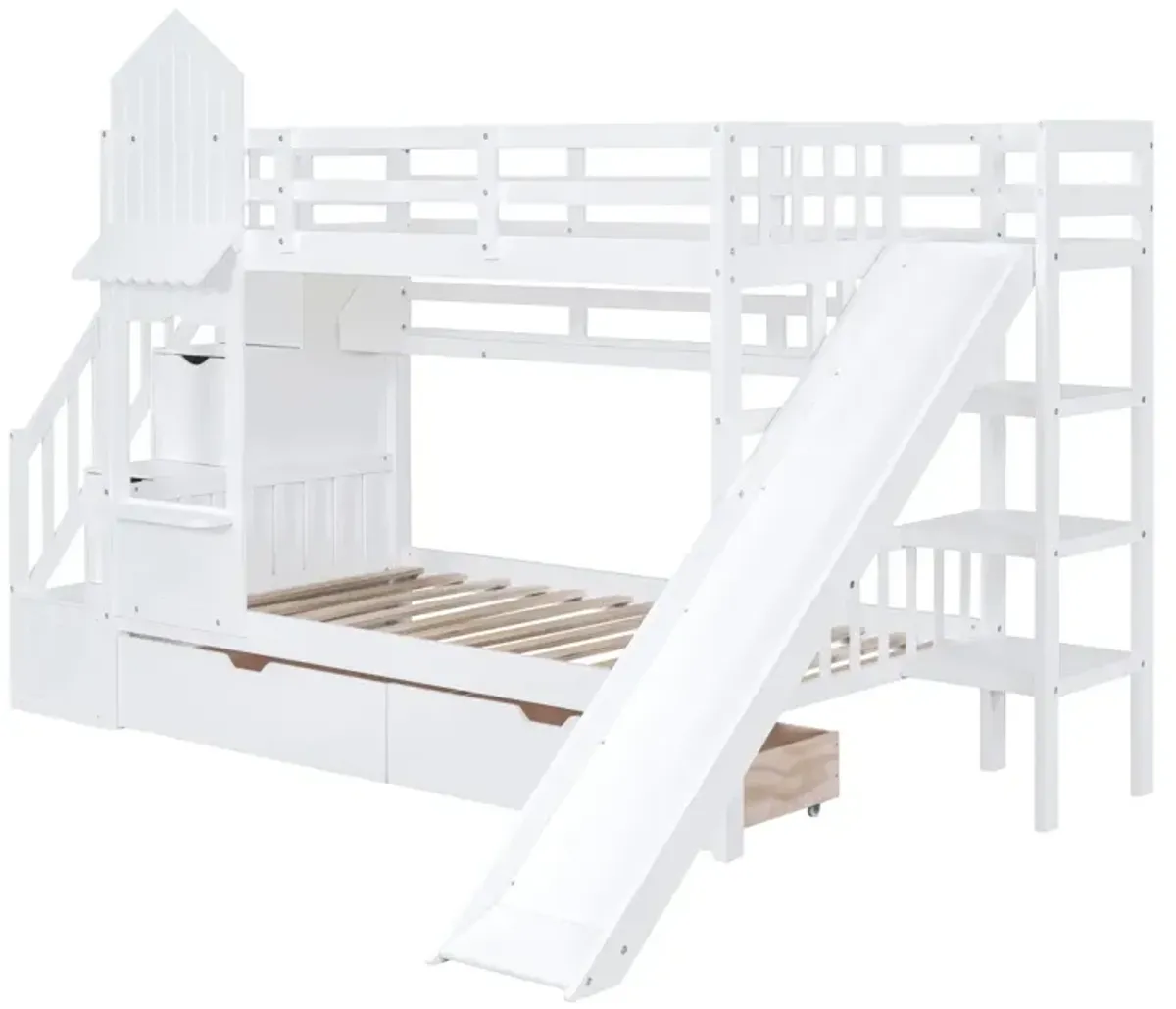 Twin Over Twin Castle Style Bunk Bed With 2 Drawers 3 Shelves And Slide White