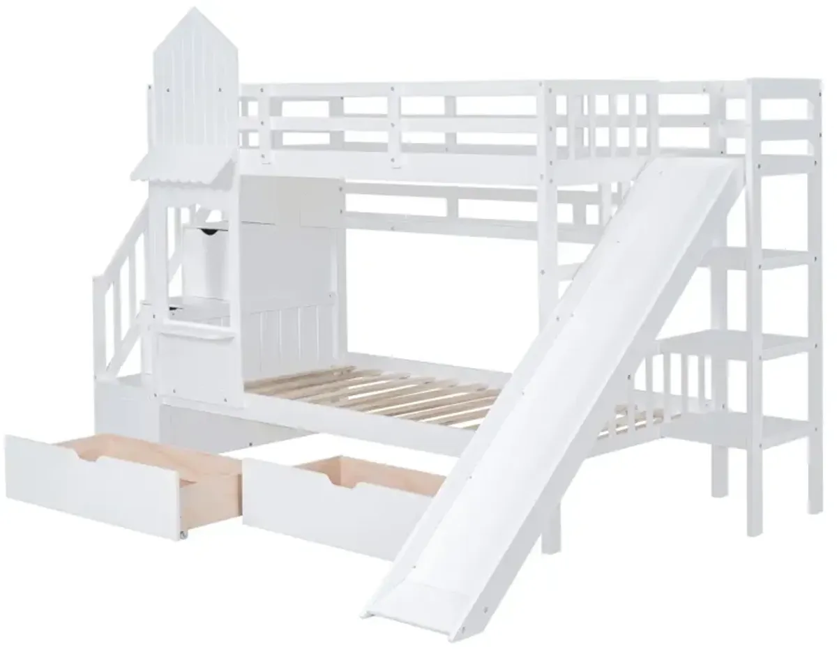 Twin Over Twin Castle Style Bunk Bed With 2 Drawers 3 Shelves And Slide White