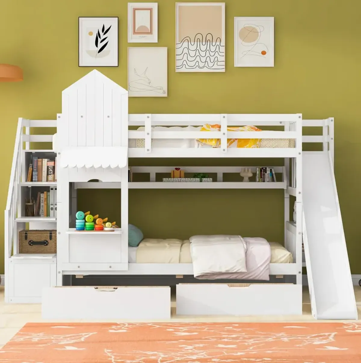 Twin Over Twin Castle Style Bunk Bed With 2 Drawers 3 Shelves And Slide White