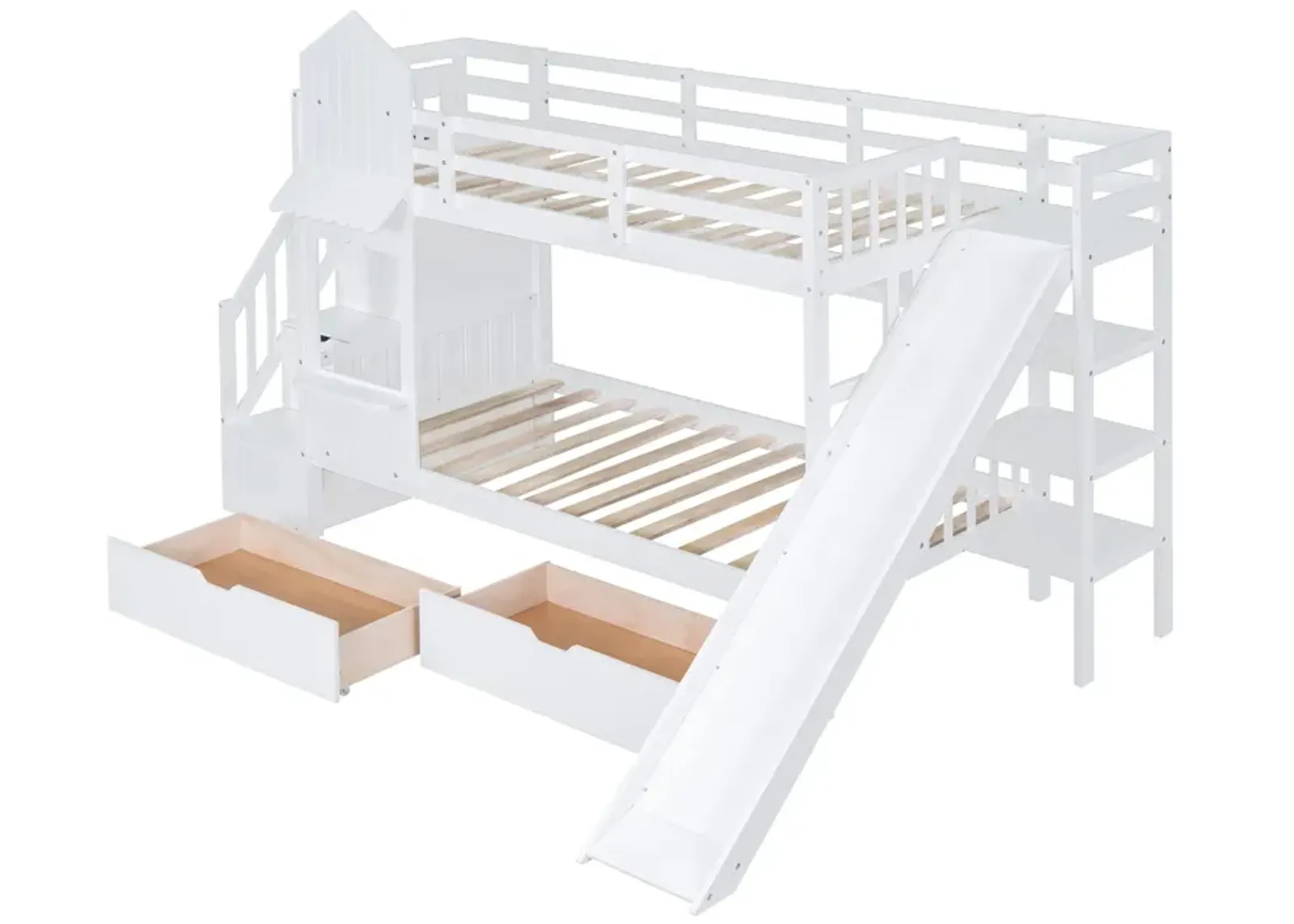 Twin Over Twin Castle Style Bunk Bed With 2 Drawers 3 Shelves And Slide White