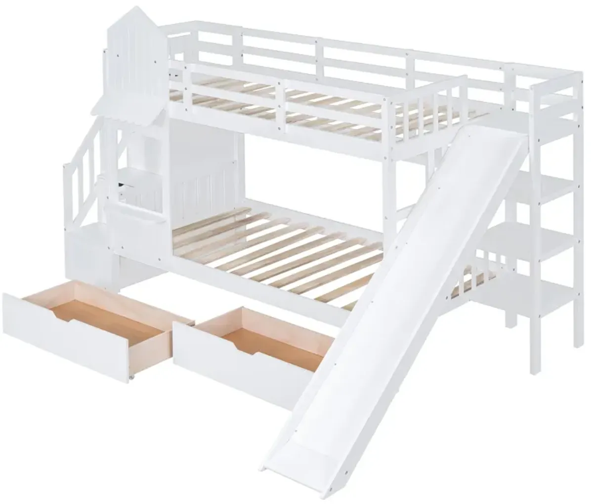 Twin Over Twin Castle Style Bunk Bed With 2 Drawers 3 Shelves And Slide White