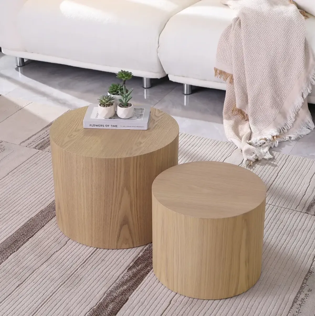 Oak veneer nesting table set, set of 2, for living room, office, bedroom