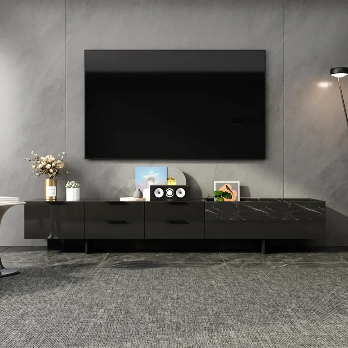 FUFU&GAGA Modern High-Gloss Black TV Stand with Marble Texture, 5 Drawers and Open Storage Compartment (78.7" W x 15.7" D x 14" H),Black