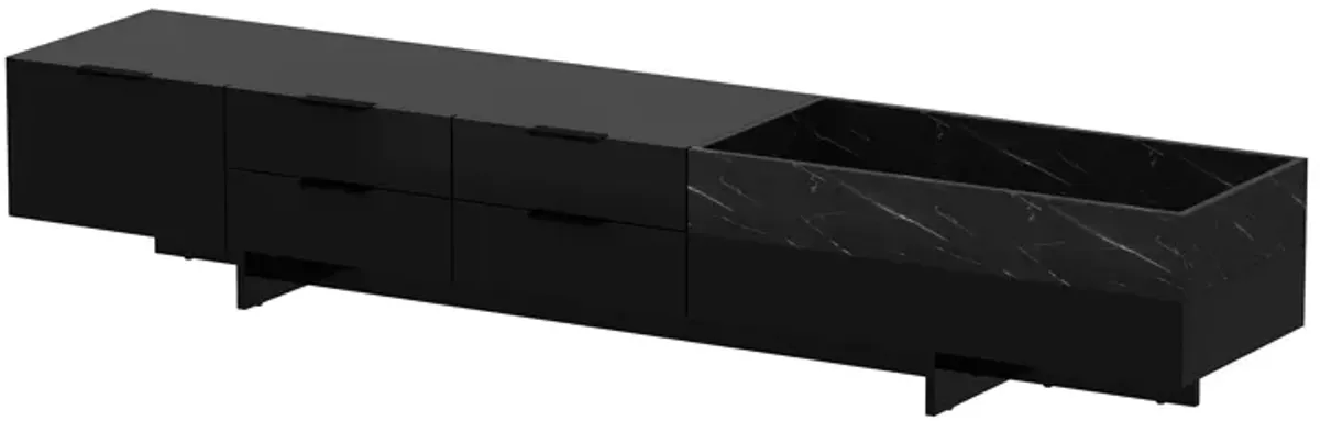 FUFU&GAGA Modern High-Gloss Black TV Stand with Marble Texture, 5 Drawers and Open Storage Compartment (78.7" W x 15.7" D x 14" H),Black