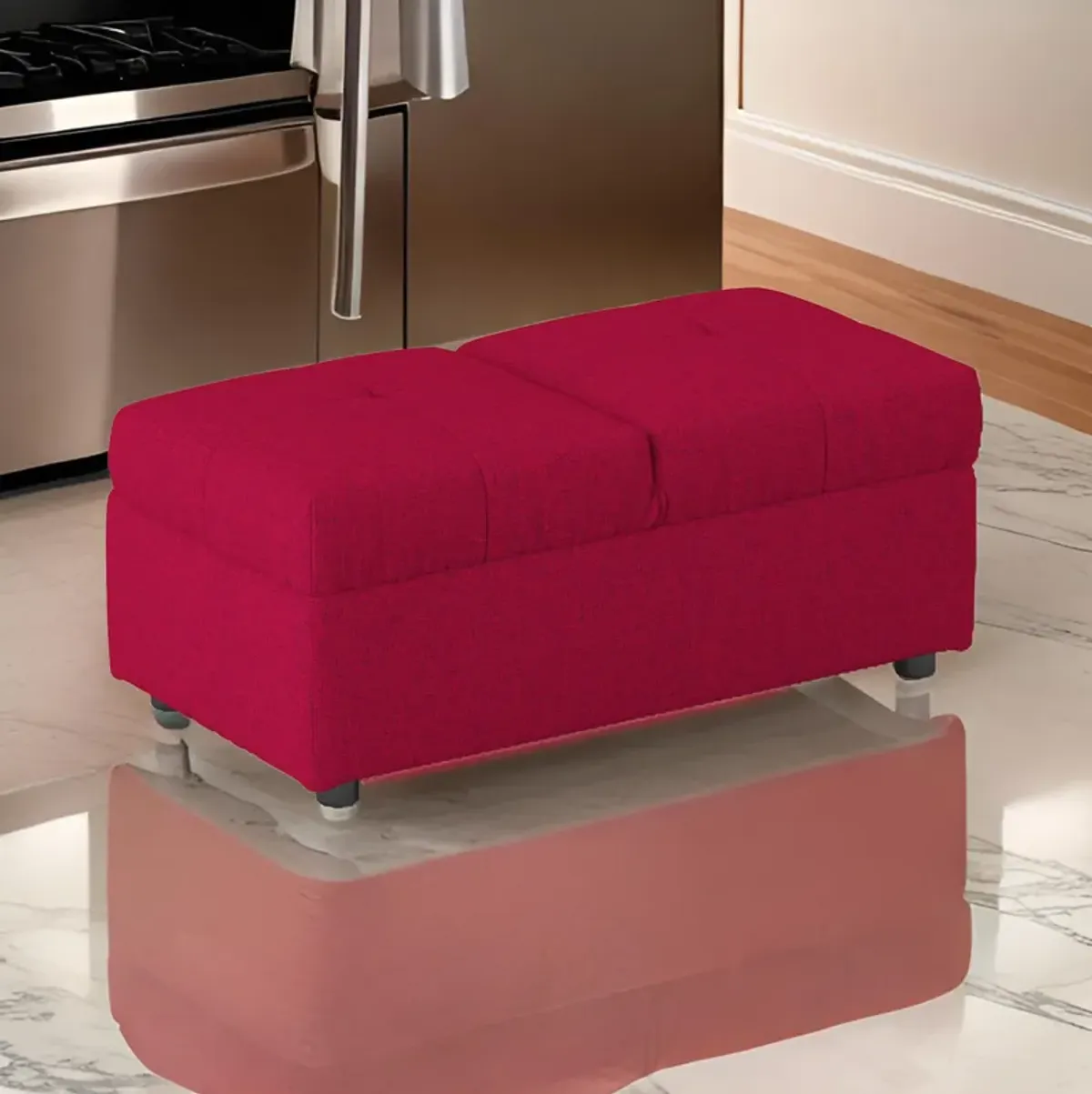 Caroline 41 Inch Storage Ottoman Chair, Tufted Seat, Adjustable Top, Red - Benzara