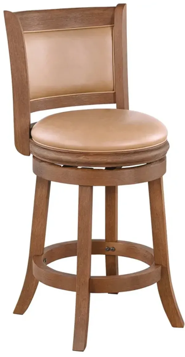 Haley Swivel Barstool Chair, Brown Faux Leather, Wire Brush Finish  - Benzara