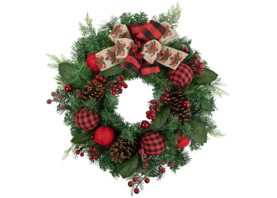 Green Pine Artificial Christmas Wreath with Bows and Plaid Ornaments  24-Inch  Unlit