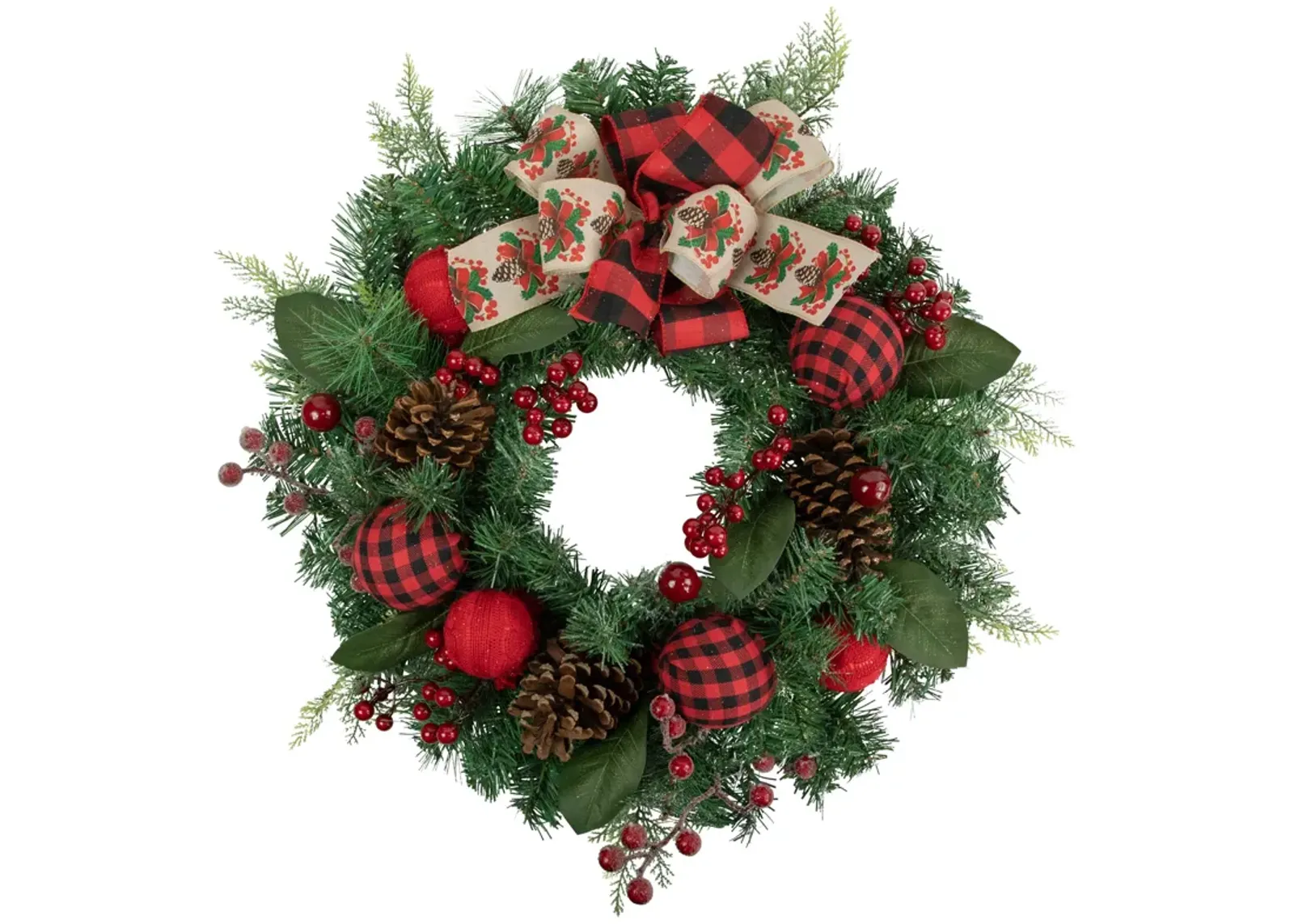 Green Pine Artificial Christmas Wreath with Bows and Plaid Ornaments  24-Inch  Unlit